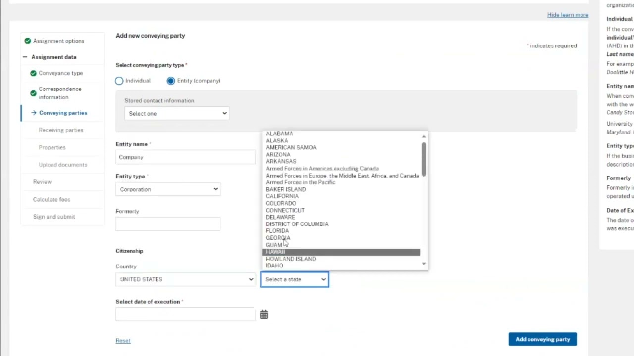 Trademark registration: Starting a trademark assignment request in Assignment Center