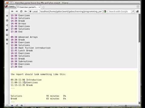 Beginner Perl Maven tutorial: 10.20 - Exercise: parse hours log file and create time report