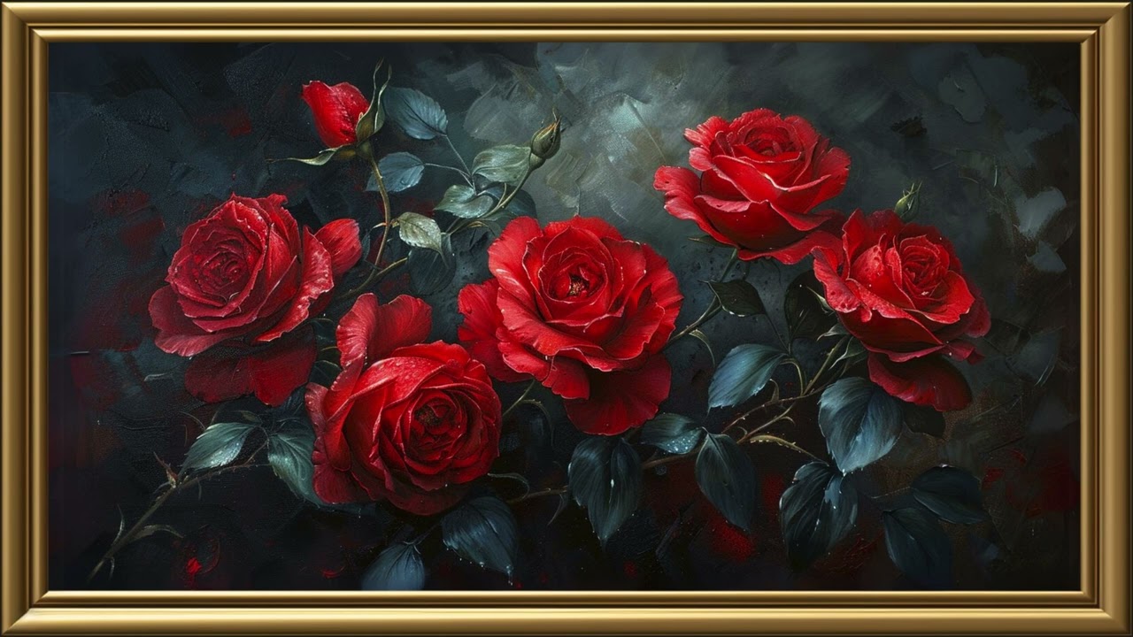 Vintage Red Roses Painting | Gold Frame TV Art Screensaver for TV Wallpaper | 2 Hrs