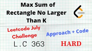 YouTube video 'Max Sum of Rectangle No Larger Than K | Leetcode 363 | Approach + Code | Hard | C++ | Python'