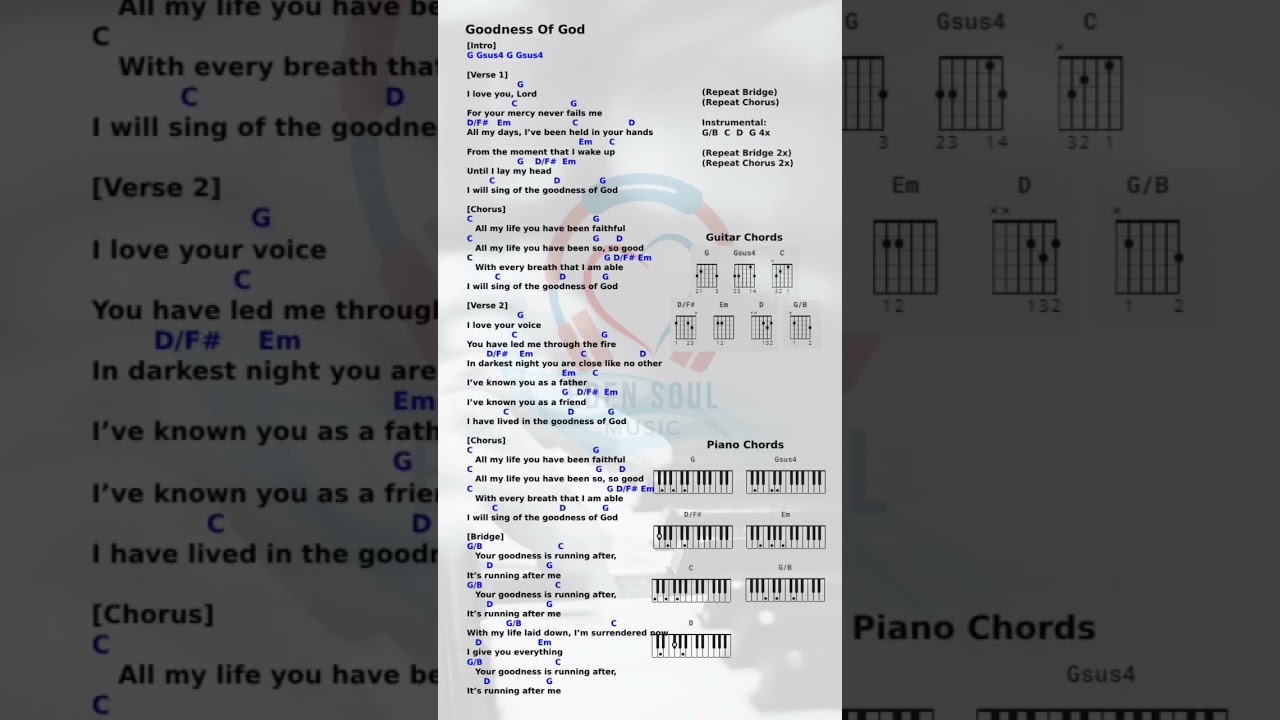 Lyrics and Chords of Goodness of God by Bethel Music and Jane