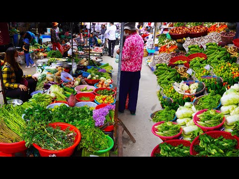 Vegetables, fruits, fish and meat market, Amazing Cambodian market scenes