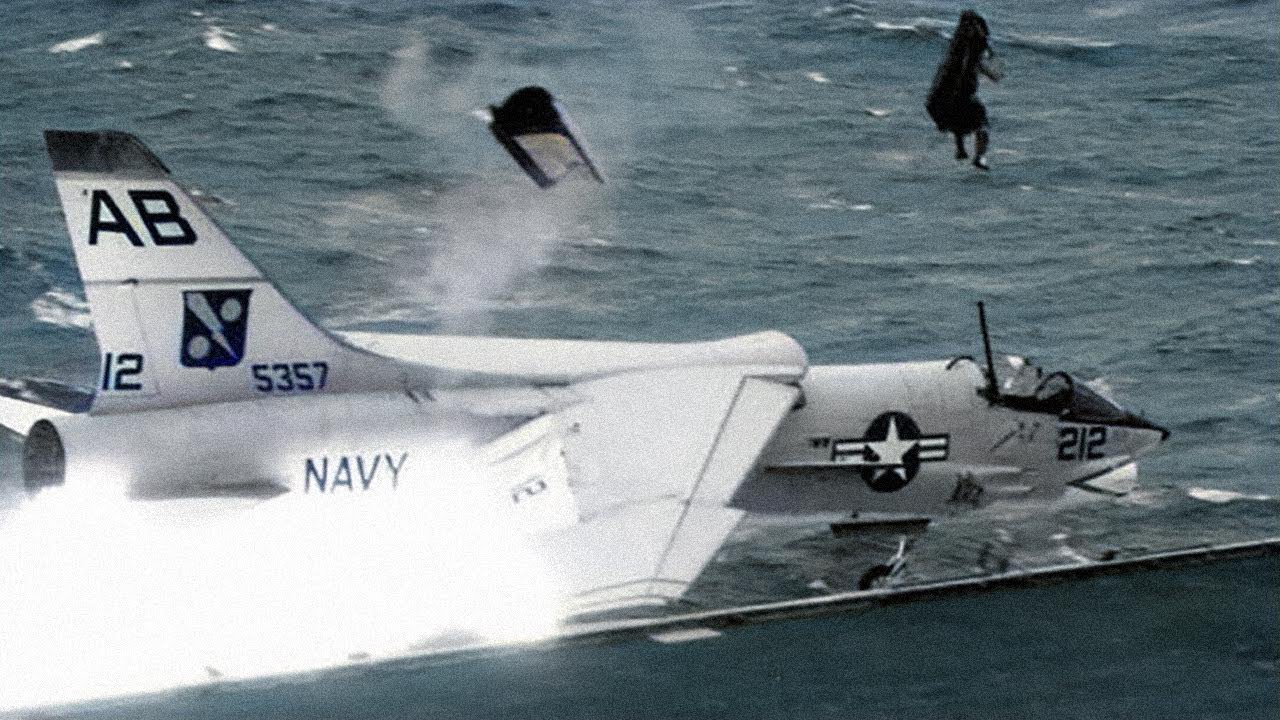 F-8 Aircraft Carrier Crash (why carriers have angled decks for landing)