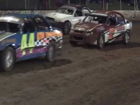 FIRST LAP PILEUP IN THE QLD MODIFIED SEDANS FINAL AT KINGAROY SPEEDWAY QLD AUST 6/4/2013