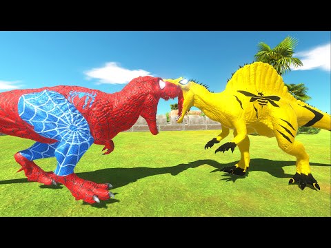 SPIDERMAN T-REX vs BUMBLEBEE SPINO OASIS DEATH RUN - Animal Revolt Battle Simulator ARBS