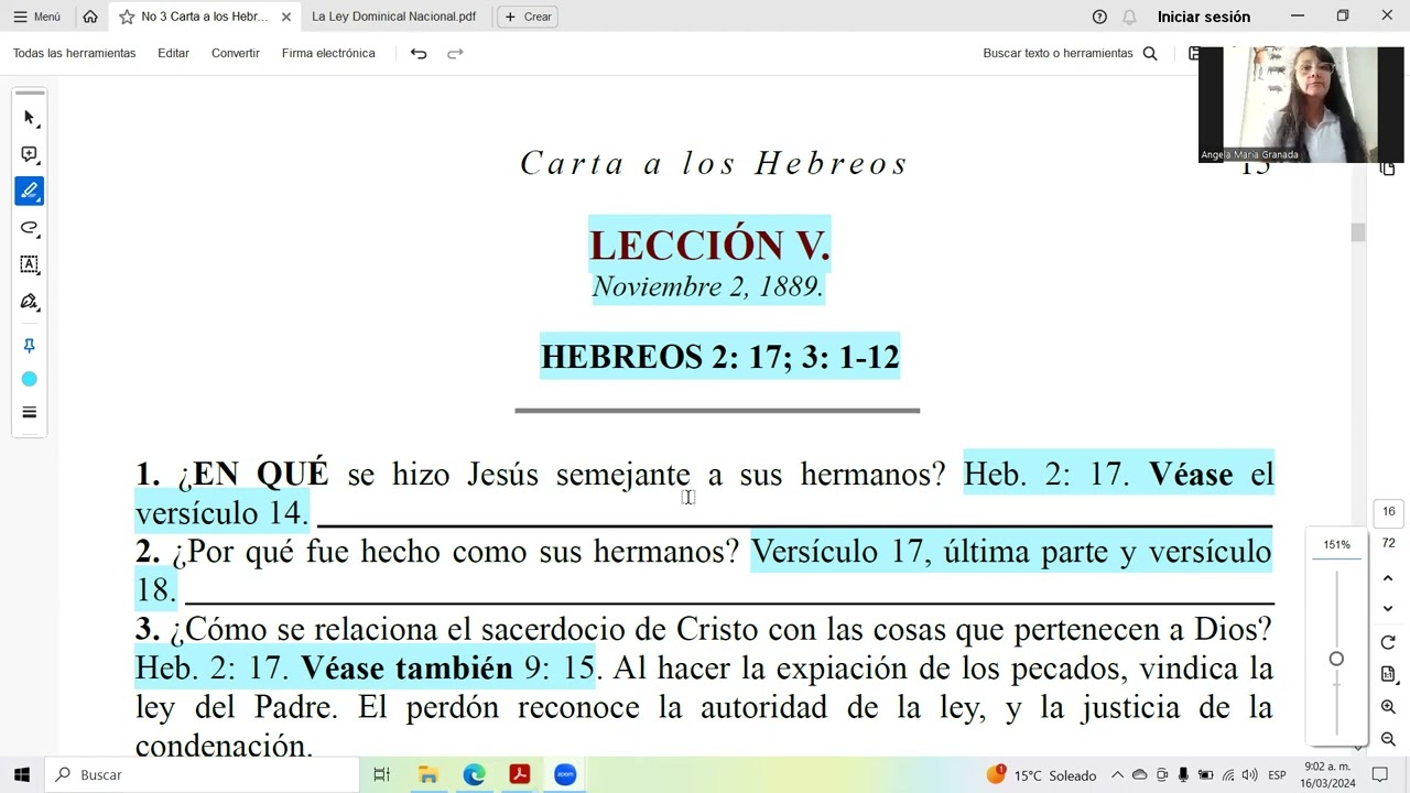 ESCUELA SABATICA 1889 "CARTA A LOS HEBREOS". LECCION 5. PARTE 1. ANGELA GRANADA.
