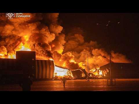 Video Thumbnail: Drone strike sparks major fire in Sumy, northeastern Ukraine