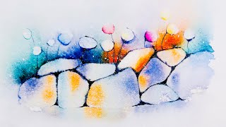 Fantasy painting of flowers next to rocks. Watercolor painting