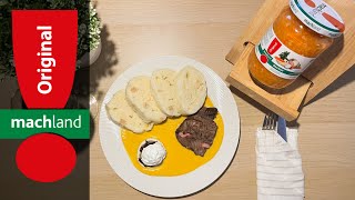 Sirloin Beef Served with Creamy Sauce and Bread Dumplings