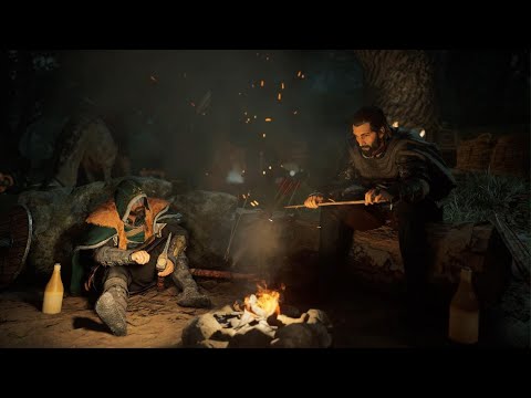 Assassin's Creed Valhalla sad campfire conversation cut scene with assassin Basim PS5