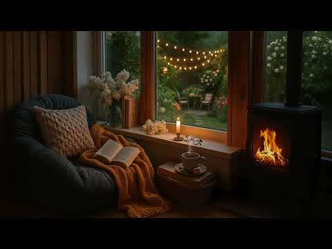 Cozy Fireplace Reading Ambience | Crackling Fire, Books & Garden Views