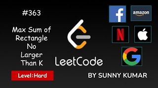 YouTube video 'Max Sum of Rectangle No Larger Than K | Dp | Binary Search | 363 LeetCode | Day 03'