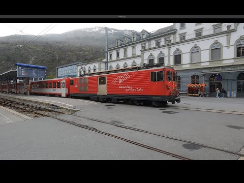 Trainspotting CH, Brig am 9.4.22, Matterhorn-Gotthardbahn am Bahnhofsplatz.