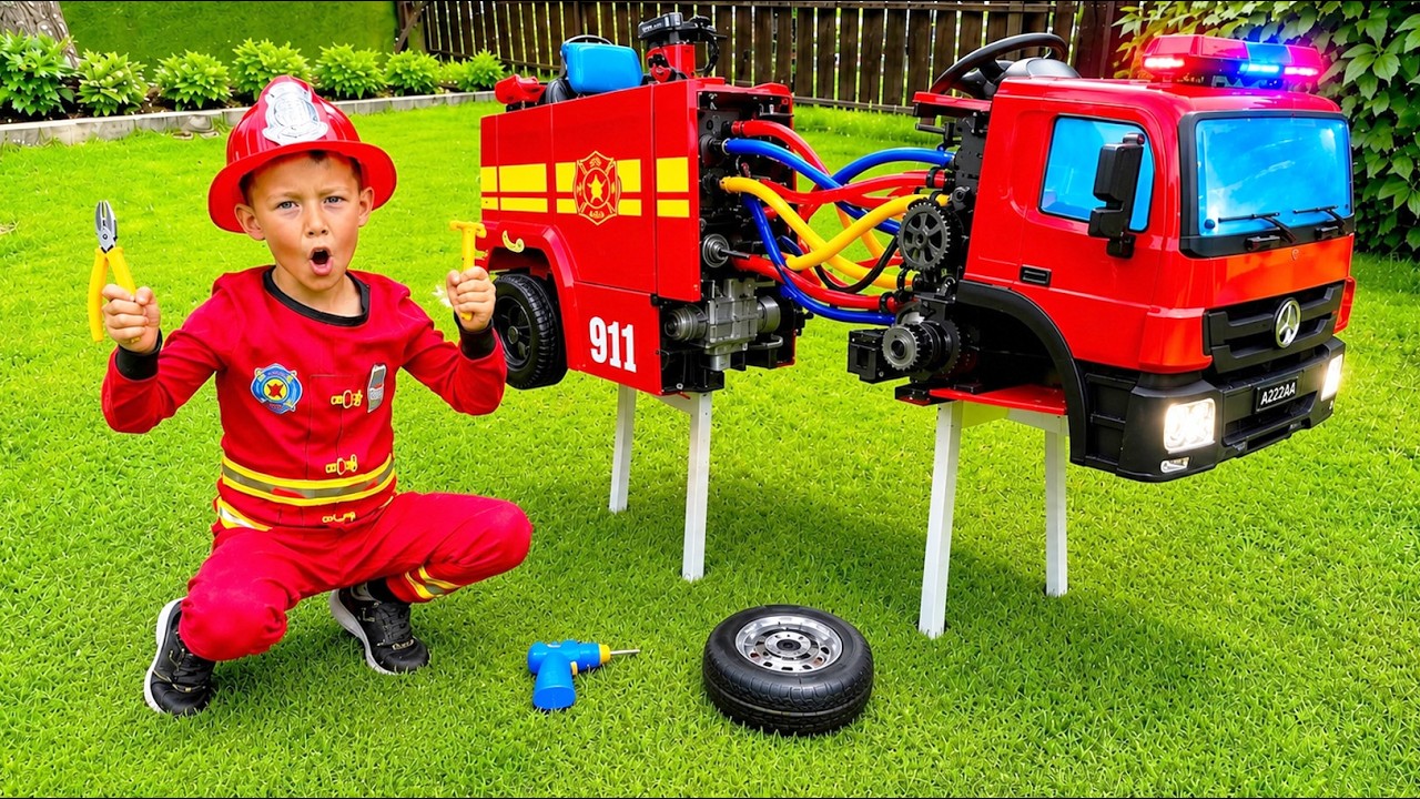 Dad is preparing a surprise for Maxim! Have fun adventures with a kids fire truck