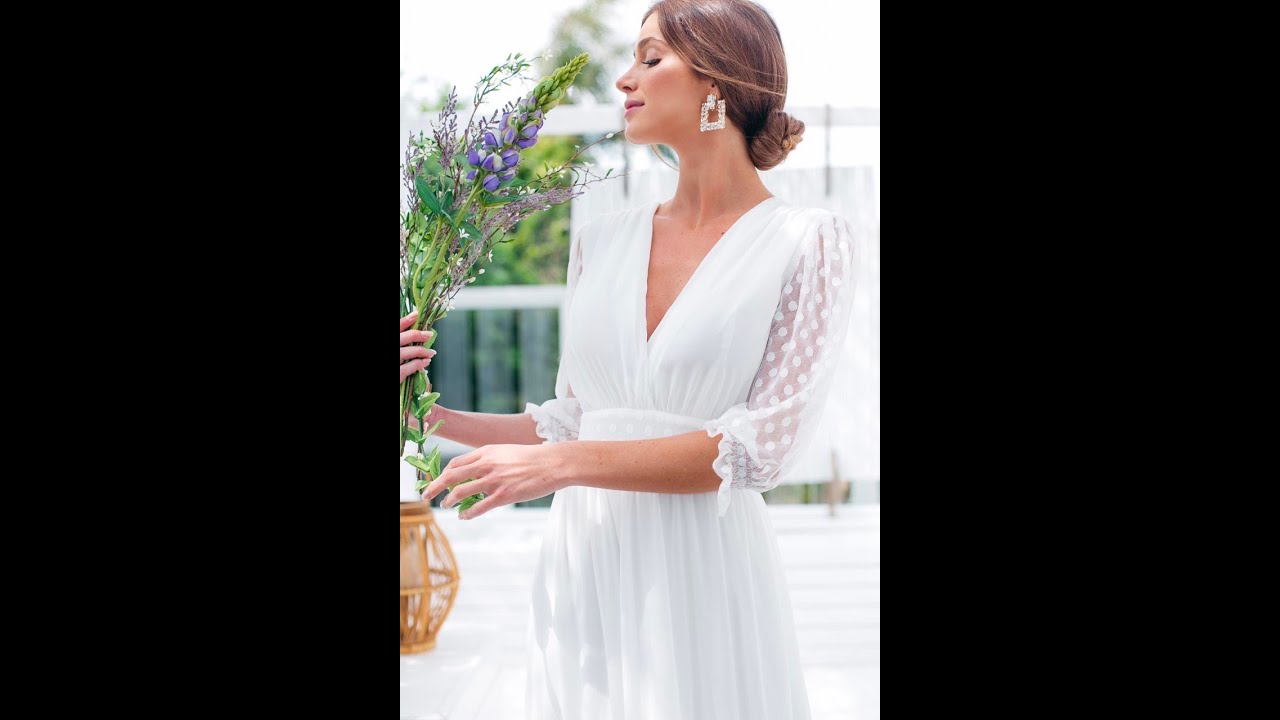 Vestido Branco Longo Casamento Civil e Festas Manga 3/4 Tule Poá - Clube Conceito Store