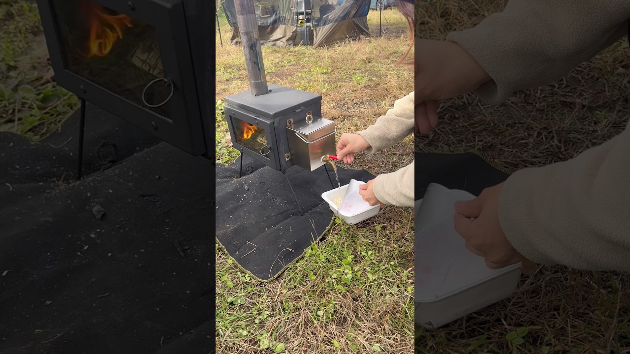 秋キャンプの朝ごはんは薪ストーブで…