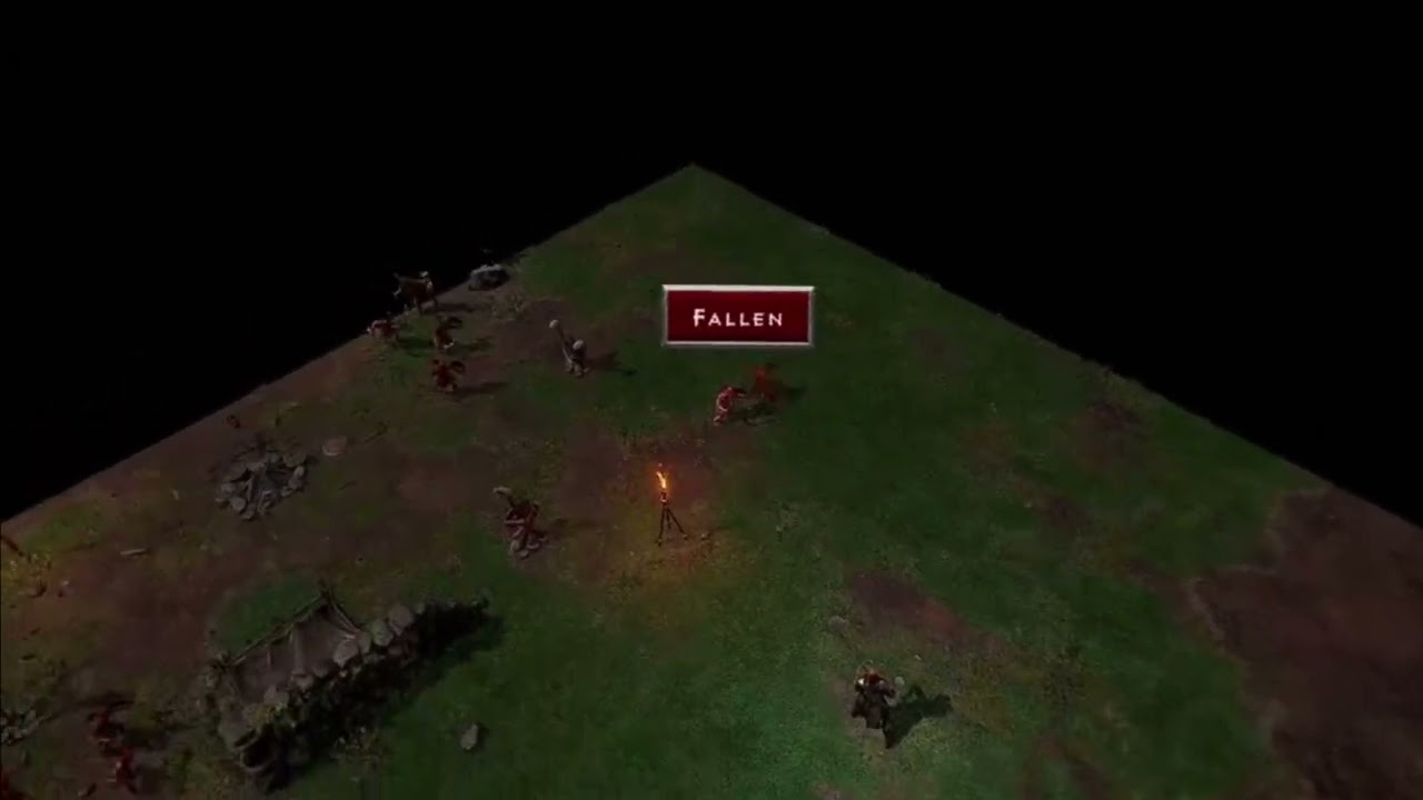 The D2R VR mod's floor view: a slab of Diablo II terrain floating in black space, seen from above, with tiny Fallen demons around a campfire torch