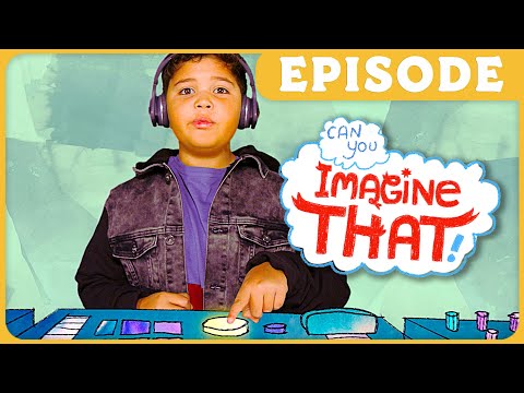 Child wearing headphones points at a colorful control panel with a speech bubble reading 'Imagine That!' and 'Episode' banner above (kids' show thumbnail).