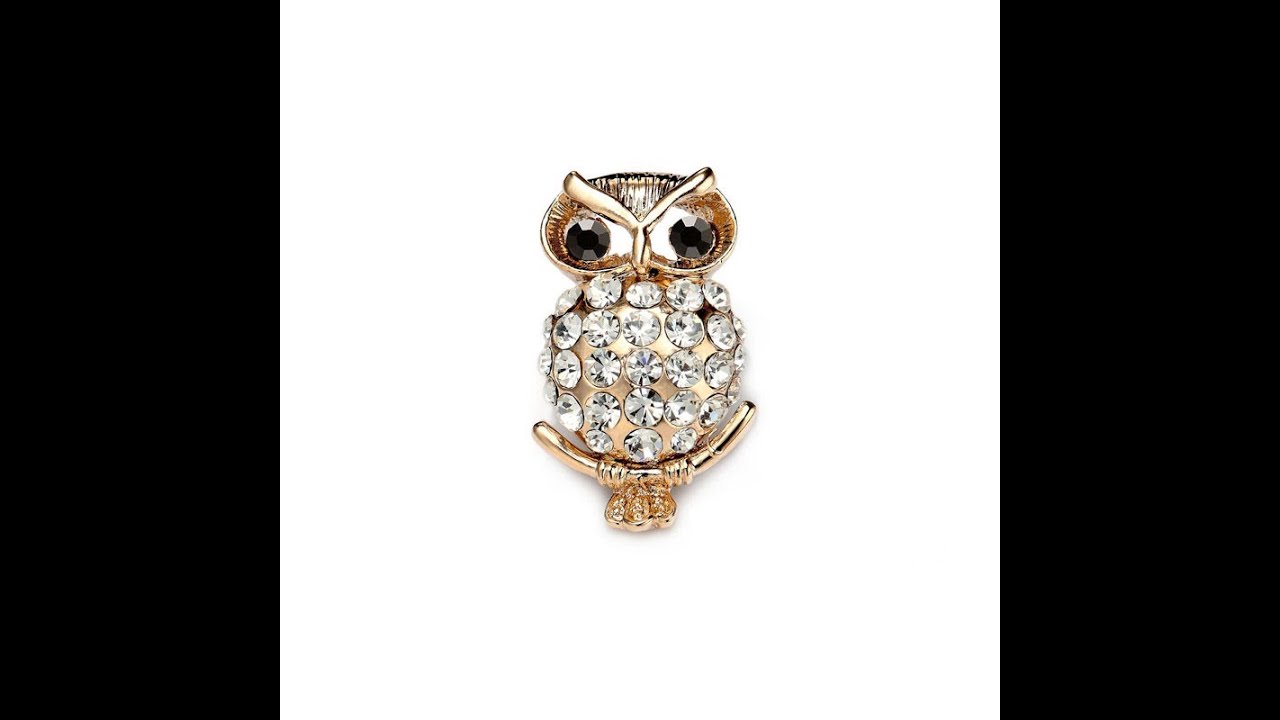 Vintage Rhinestone Owl Lapel Pin Brooch Gold
