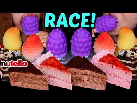 ASMR CREPE CAKE & VIRAL FRUIT ICE CREAM RACE! *soft eating sounds* 먹방