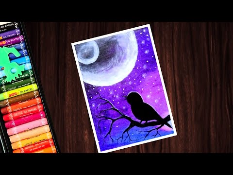 Beautiful moonlight scenery drawing with oil pastels - step by step
