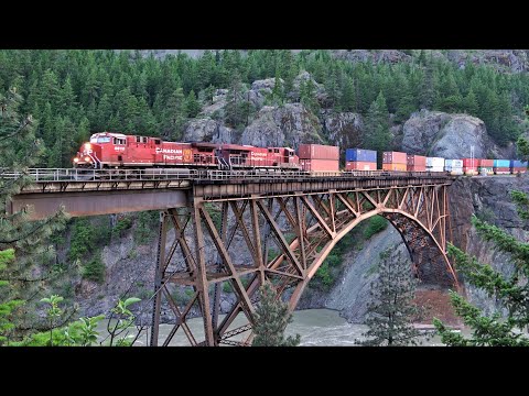 Canadian Railroads In The Canyon At Cisco Bridges, 8 Trains And Directional Meet Over Both Bridges
