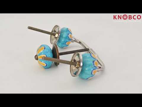 KNM 022  Turquoise Flower On Yellow Base Melon Knob & Pull