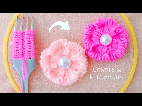 Super Easy Woolen Flower Craft Ideas with Fork - Hand Embroidery Amazing Trick - Sewing Hack