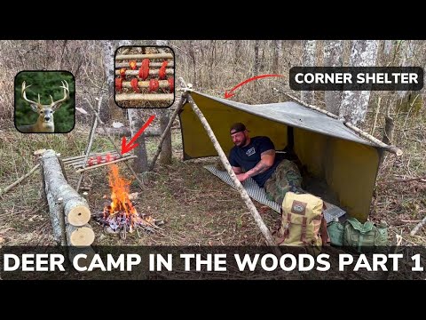 Solo Overnight Building a Deer Camp in The Woods and Smoked Meat and Potatoes