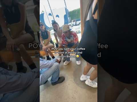 She really spilled her coffee in front of Justin Bieber 😂