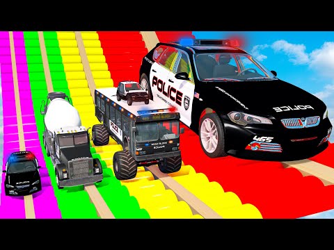 Big and Small Cars vs Slide Colors with Portal Trap – Police Cars Rescue Small Cars – BeamNG.Drive