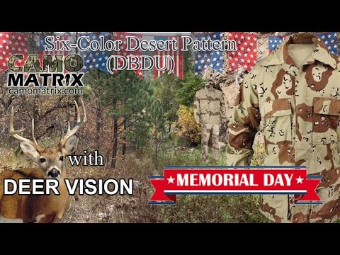 Six Color Desert Pattern used as hunting camo in Human and Deer Vision on 14 Backgrounds