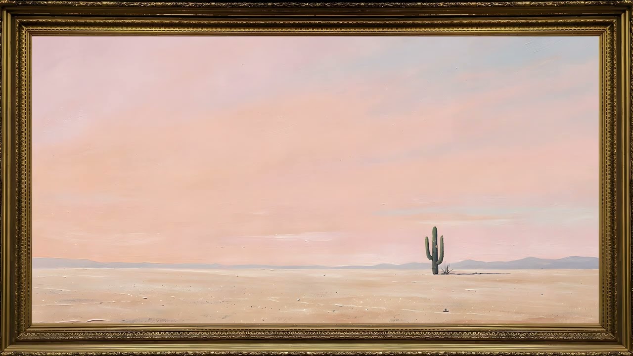 Minimal Desert Landscape with Cactus in Gold Frame | Soft Pastel Oil Painting TV Art 4K 2 Hours β 4K ambient art screensaver in baroque gold frame