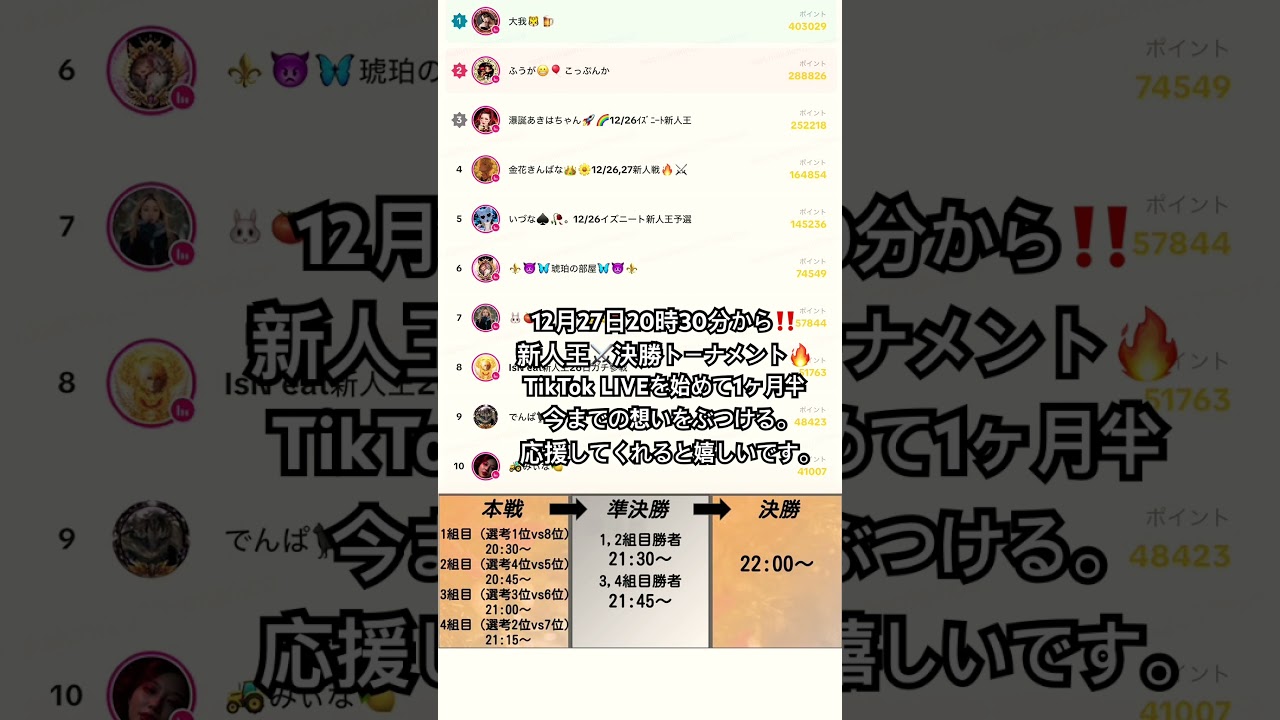 12月27日20時30分から新人王⚔️決勝トーナメント🔥応援してくれると嬉しいです。https://www.tiktok.com/@kinbanaman?_r=1&_t=ZS-92Y84YwbIu4