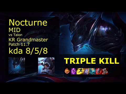 Nocturne vs Talon Mid - KR Grandmaster 8/5/8 Patch 11.7 Gameplay // [롤] 녹턴 vs 탈론 미드