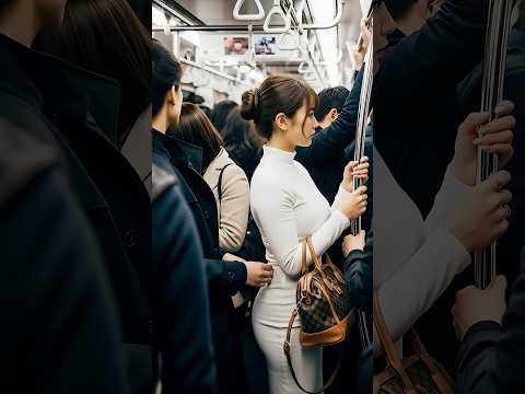 #8 A beautiful Japanese girl standing on a crowded Tokyo Shibuya train.