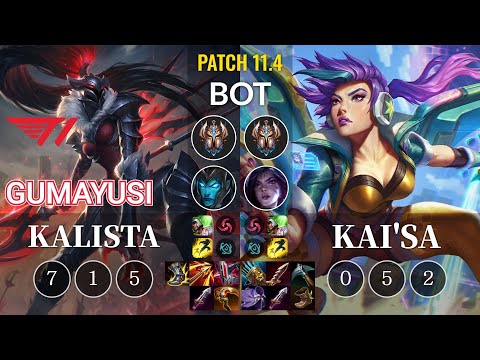 T1 Gumayusi Kalista vs Kai'Sa Bot - KR Patch 11.4