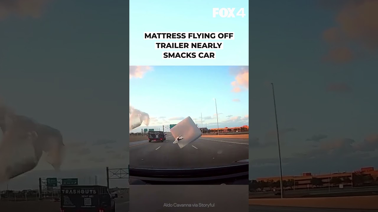 Video thumbnail for Mattress nearly hits car on highway
