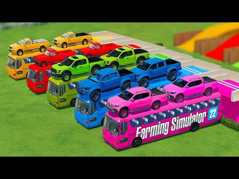 TRANSPORT MERCEDES, FORD & TOYOTA CARS WITH BUSES AND TRACTORS - Farming Simulator 22