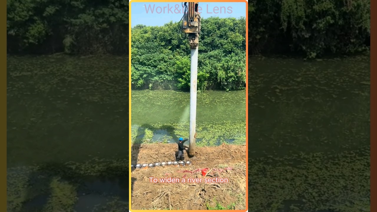 Pile driving concrete piles into a river bank #construction
