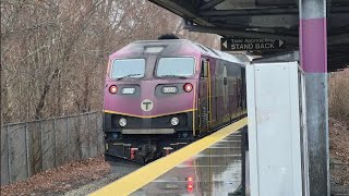 Mbta CTC-5 1869 leaves Bridgewater with a Track Inspection Car and HSP 46 2032