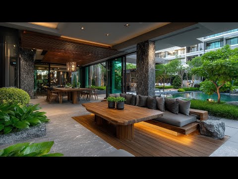 Luxury Seamless Entertaining Living Room Interior with Indoor Garden Inspired by West Elm Furniture