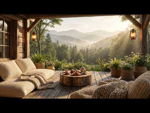 Highland Cafe Jazz ☕ Gentle Cozy Cabin Ambience with Nature & Bird Sounds for Work & Relaxation