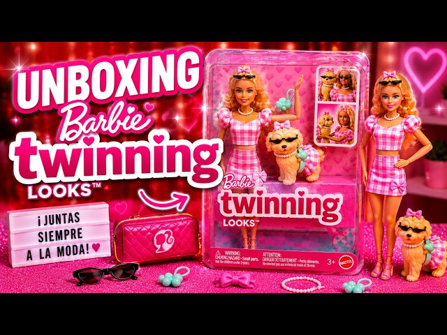 Vídeo relacionado con Barbie Twinning Looks Muñeca con perro mascota con ropa de vichy rosa a juego y accesorios como gafas de sol, collares y lazos, rubia, JFP36