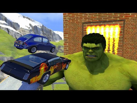 Crazy Vehicle High Speed Jumps Over Giant HULK Through Fire Wall In Blue Slime Pool - BeamNG drive