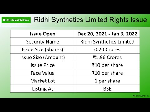 Ridhi Synthetics Rights Issue | Ridhi Synthetics Limited Rights Issue | Stock Stream