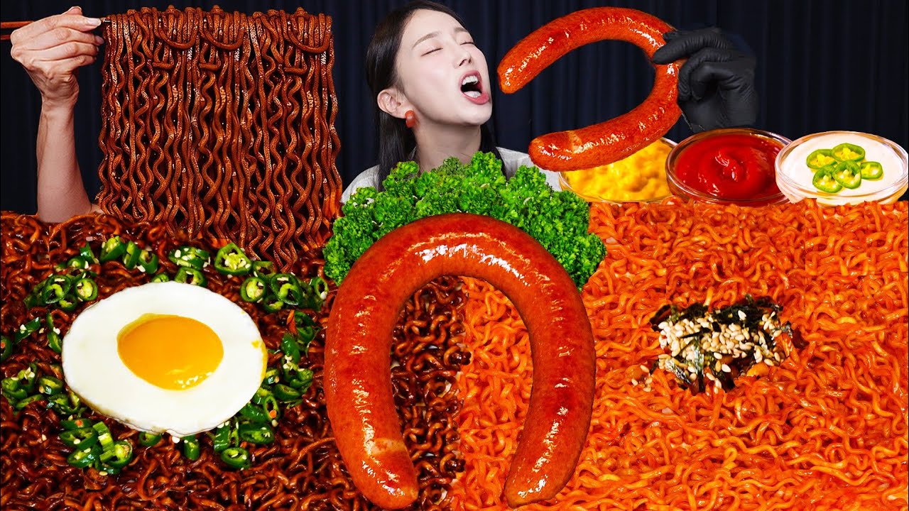 불닭볶음면 ❤️ 짜장라면 🖤 킬바사 소세지 먹방 The Best Combination! Buldak, Jajangmyeon & Kielbasa Sausage Ssoyoung