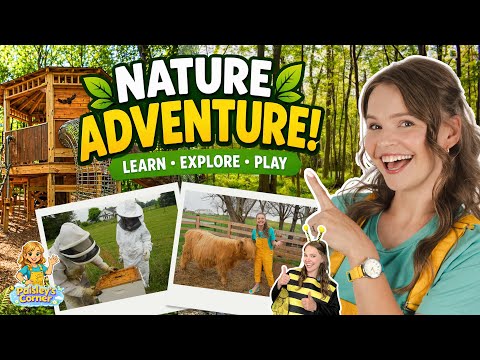 Bright, kid-friendly YouTube thumbnail: a smiling presenter with a yellow backpack and collage of nature activity photos (beekeeping, farm animal) promoting Nature Adventure! Learn • Explore • Play.