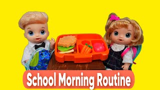 Baby Alive dolls Justin and Lola's school Morning Routine packing lunchbox and backpacks