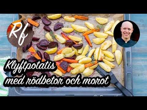 En variant på klyftpotatis med rödbetor och morot rostade i rapsolja smaksatt med lite timjan och salt. Ett gott tillbehör till det mesta där klyftpotatis passar.>
